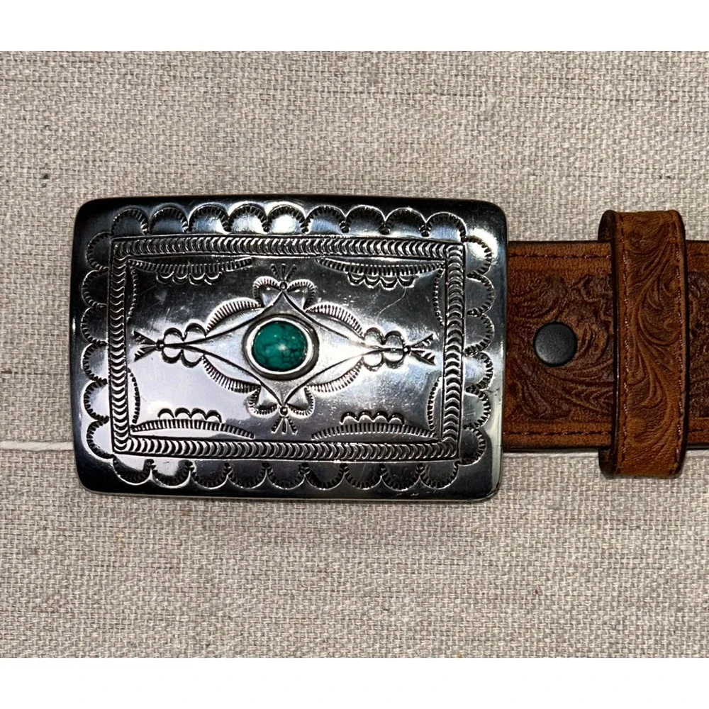 Tony Lama Mens Brown Tooled Leather Western Belt Turquoise Buckle 28 C50189 USA